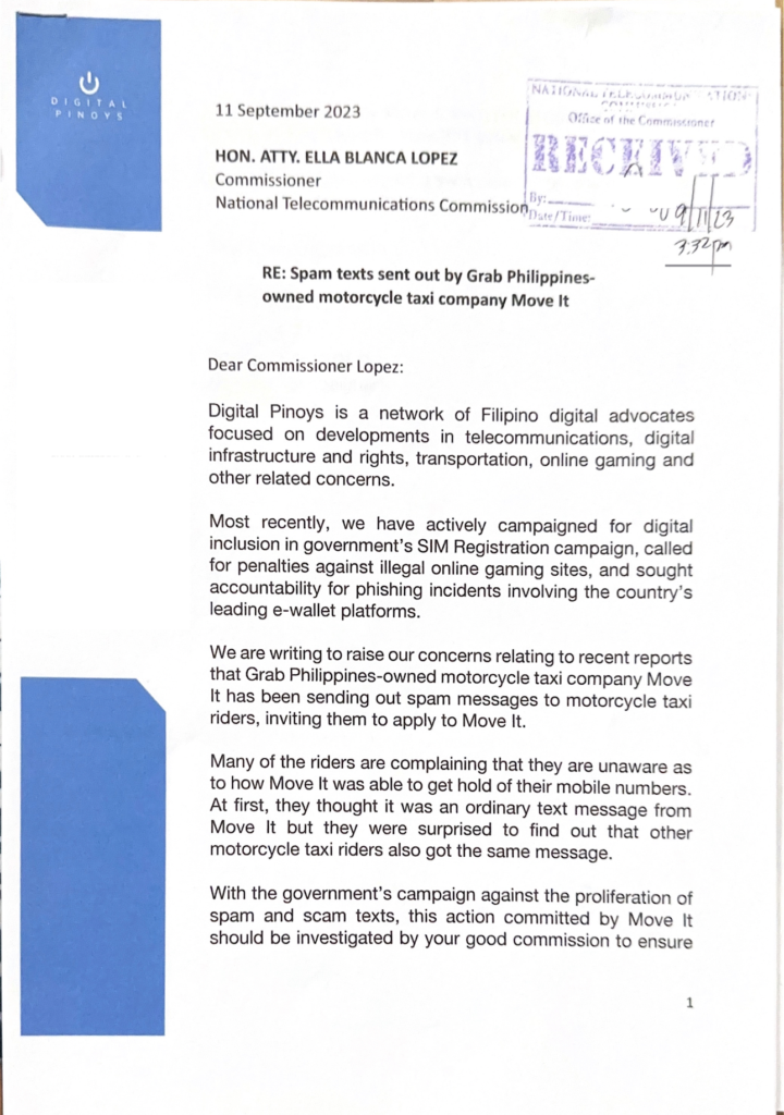 Digital Pinoys is seeking for an investigation on Move It's spam text messages targeting motorcycle taxi riders, a week after a Senate hearing on the resurgence of spam and scam messages